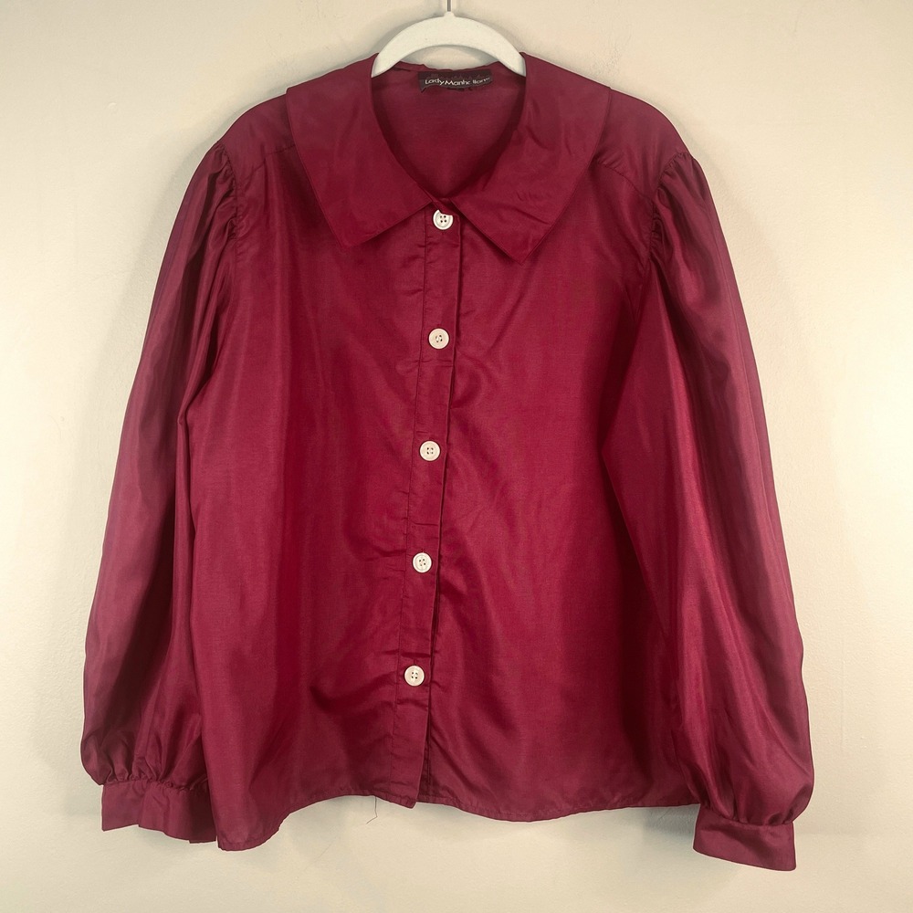 Vintage Peter Pan Collar Blouse Womens 14‎ Burgundy Twee Cottage Bishop Sleeve